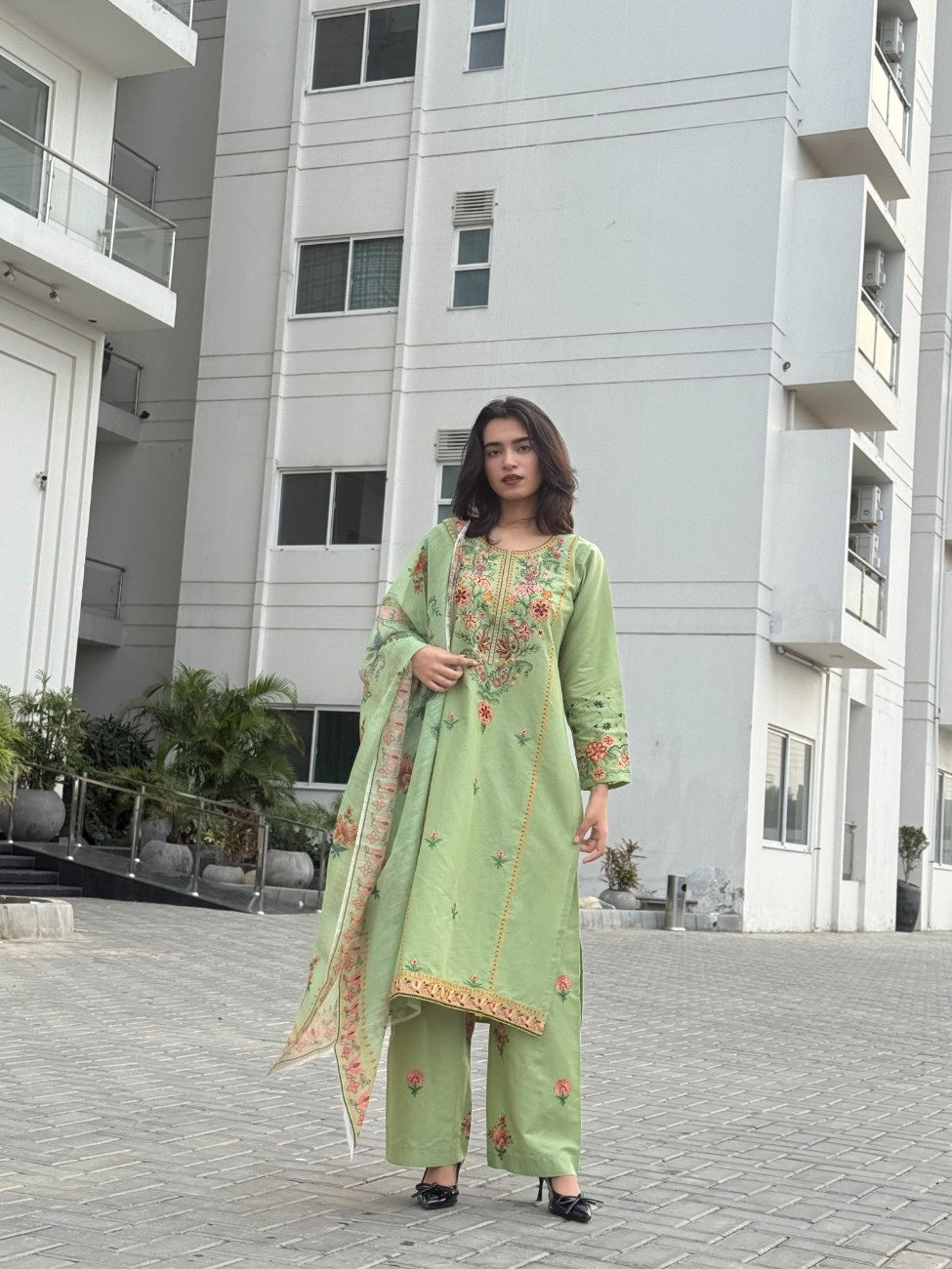Fresh Pistachio Bloom: Embroidered 3-Piece Cotton Suit