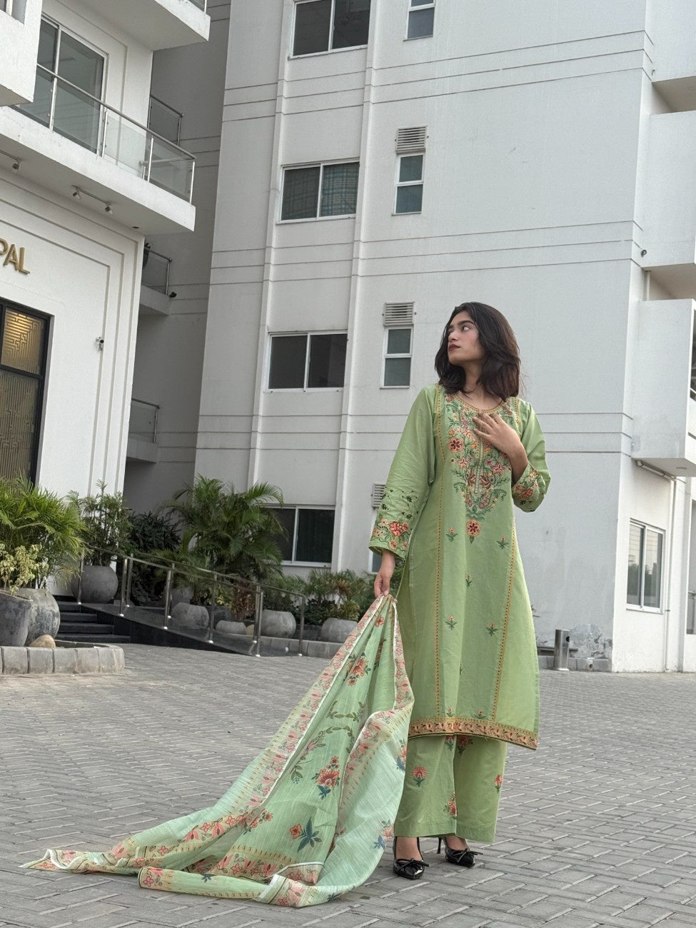 Fresh Pistachio Bloom: Embroidered 3-Piece Cotton Suit