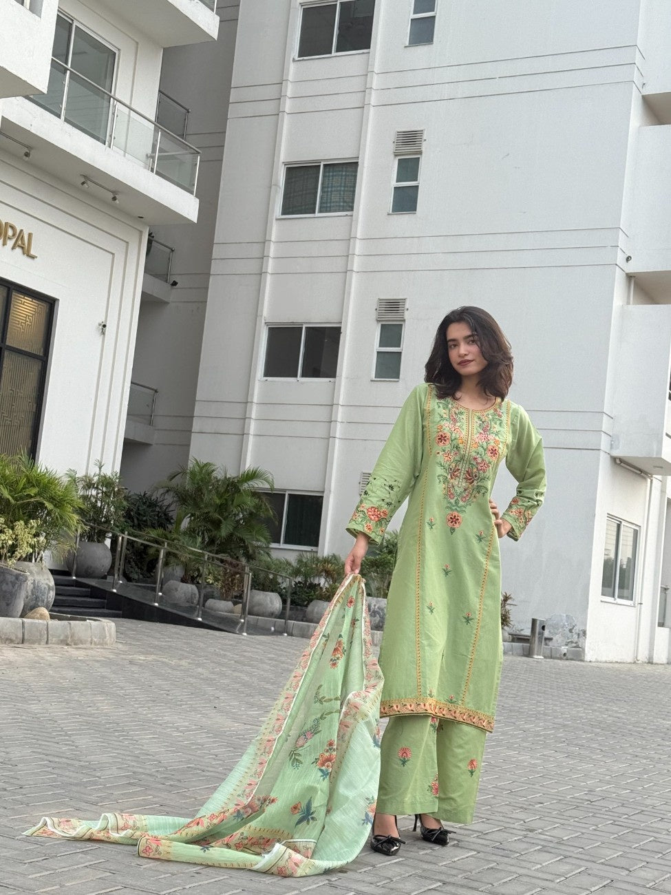 Fresh Pistachio Bloom: Embroidered 3-Piece Cotton Suit