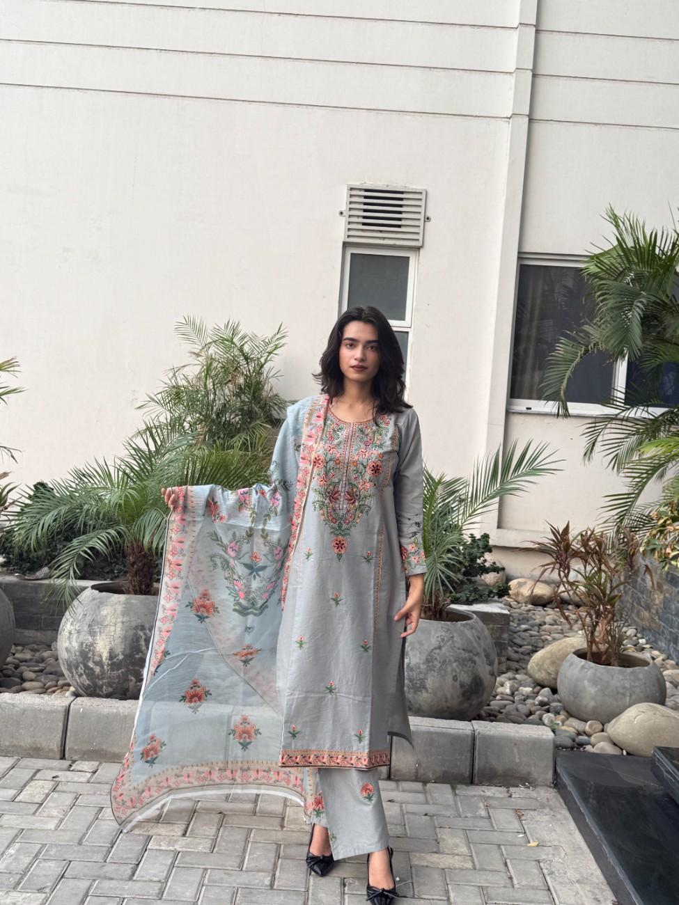 Dusty Blue : Embroidered 3-Piece Cotton Suit