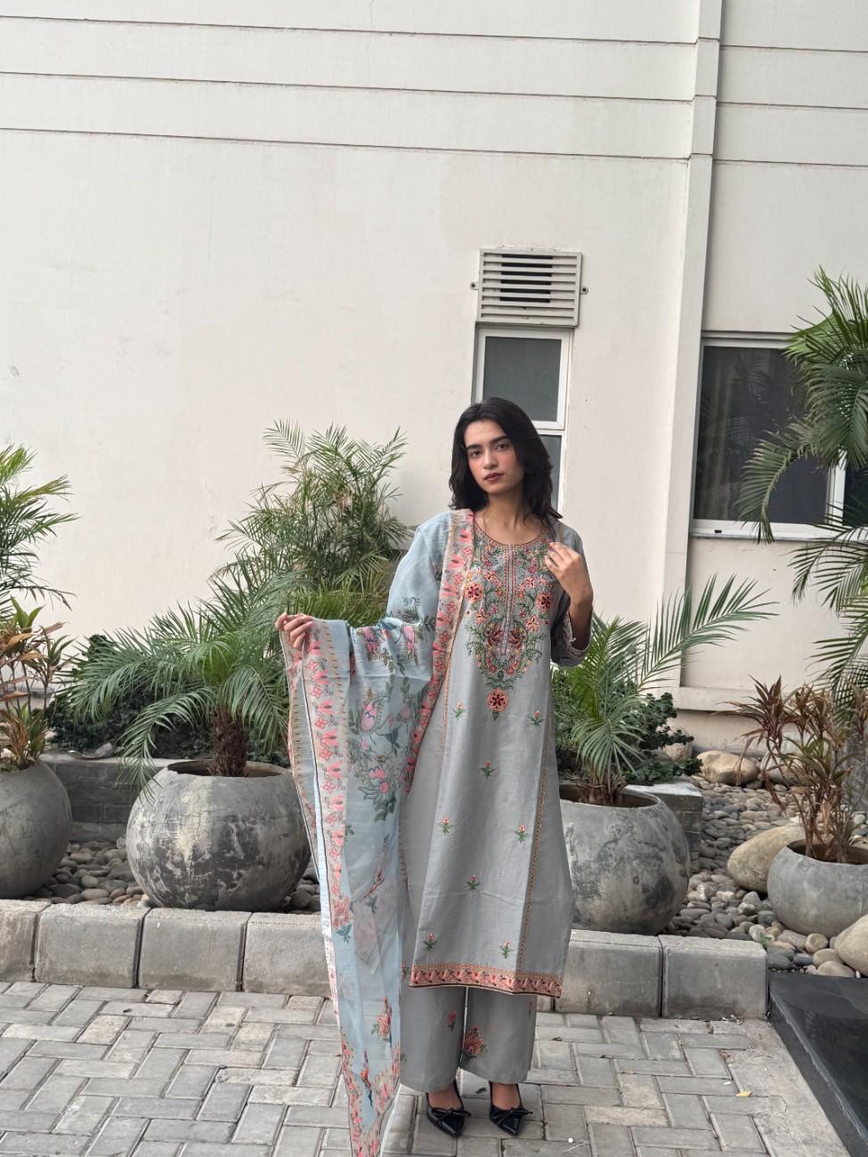 Dusty Blue : Embroidered 3-Piece Cotton Suit