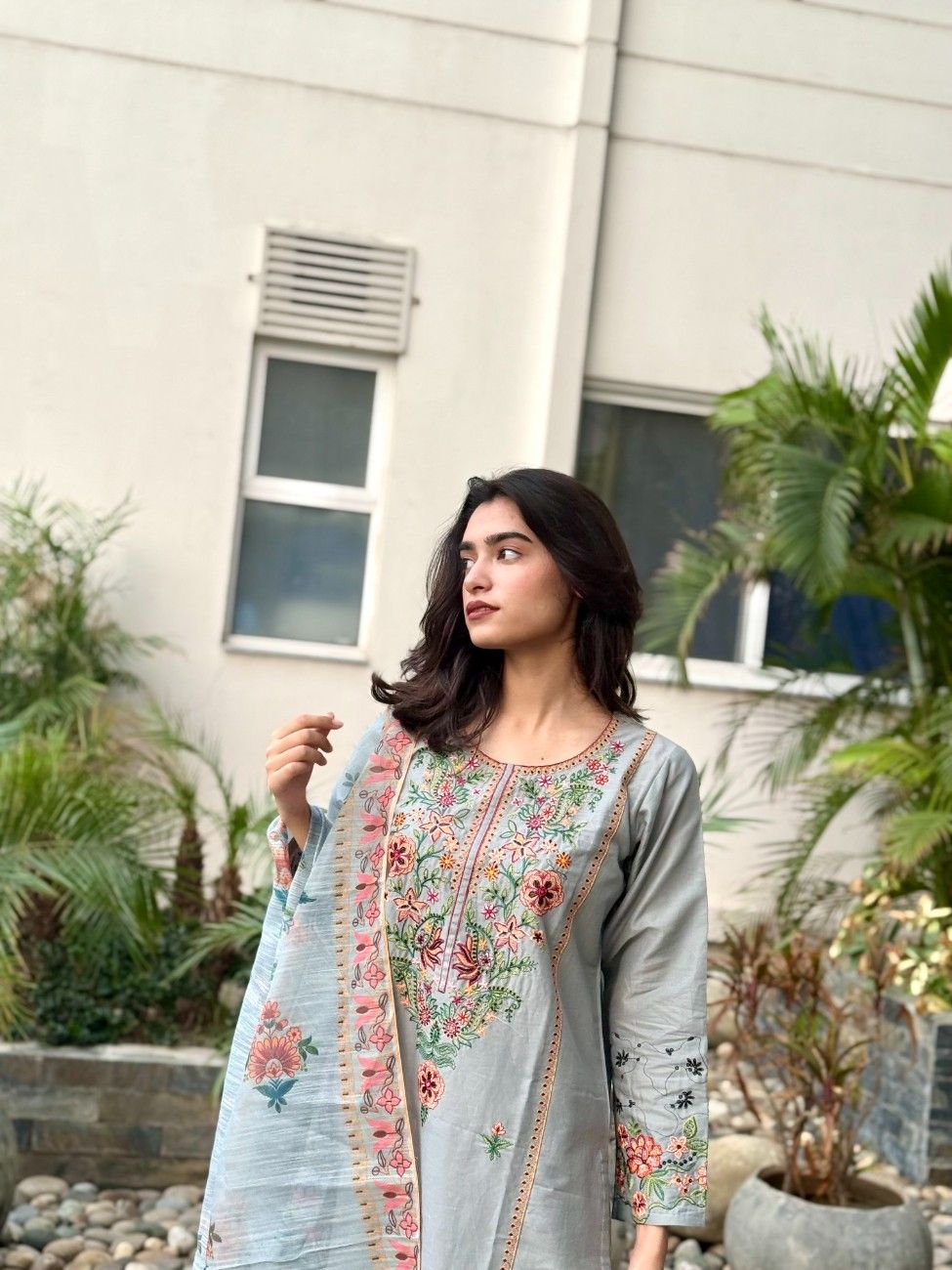 Dusty Blue : Embroidered 3-Piece Cotton Suit