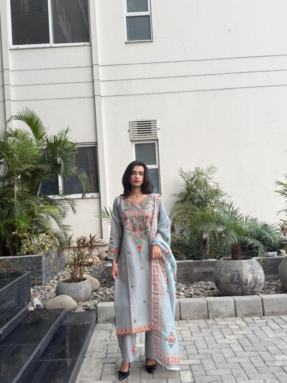 Dusty Blue : Embroidered 3-Piece Cotton Suit