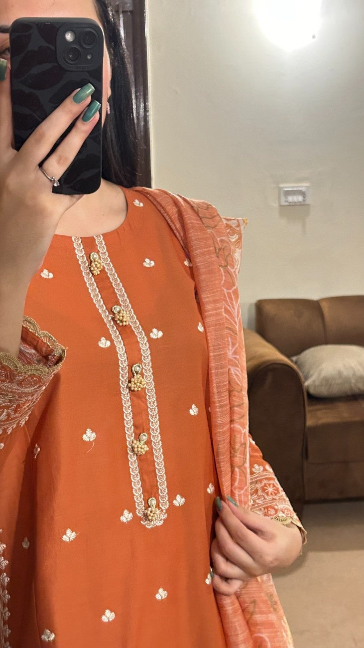 Burnt Rust Elegance – 3 Piece Embroidered Cotton Suit by AttirePret