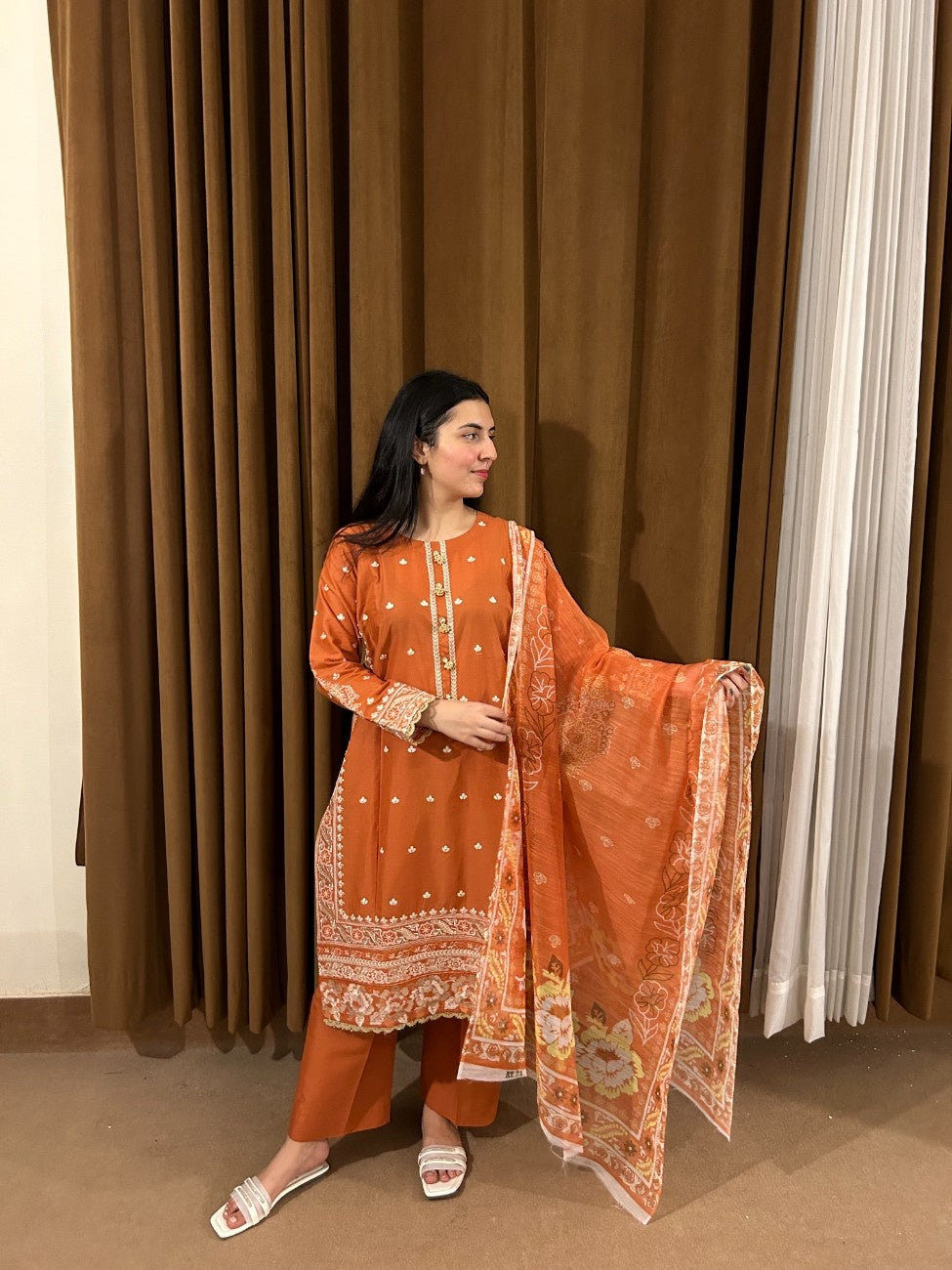 Burnt Rust Elegance – 3 Piece Embroidered Cotton Suit by AttirePret